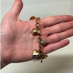 Gold Tone Heart Rose Bow Charm Bracelet Rhinestone Love